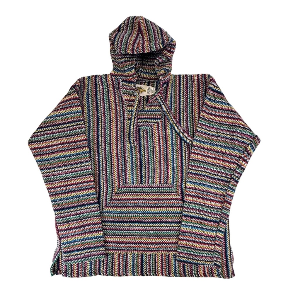 Earth Ragz Baja Hoodie Multi Color Rainbow Striped Woven Drug Rug Small Mexico